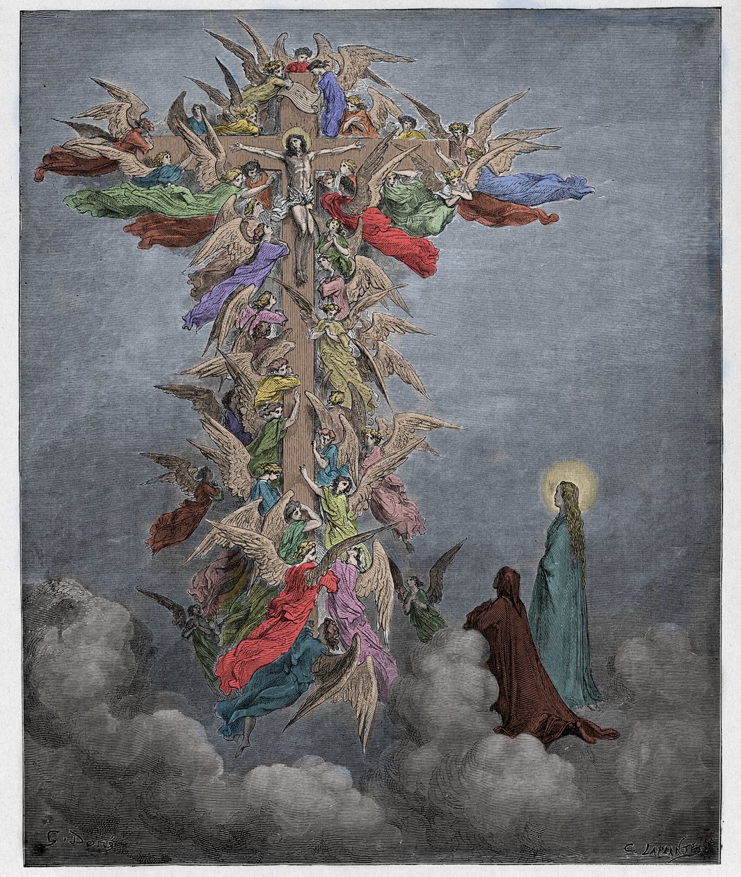 Paraíso, Canto 14: Dante y Beatriz ven a los ángeles con Cristo en la cruz, ilustración de La Divina Comedia de Dante Alighieri, 1885 (grabado coloreado digitalmente) de Gustave after Dore