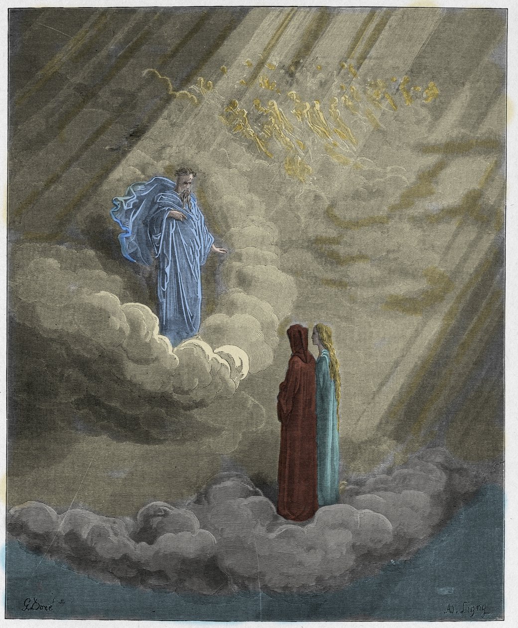 Paraíso, Canto 16: El alma de Caddiaguida habla de Florencia, ilustración de La Divina Comedia de Dante Alighieri, 1885 (grabado coloreado digitalmente) de Gustave after Dore