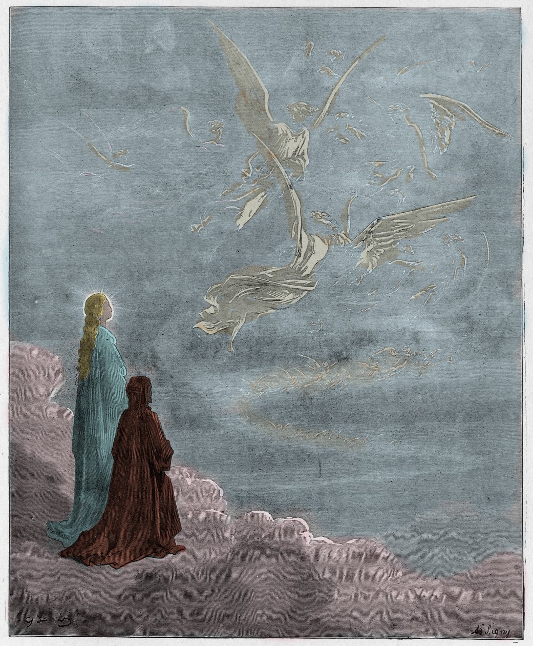 Paraíso, Canto 18: Dante y Beatriz traducidos a la esfera de Júpiter, ilustración de La Divina Comedia de Dante Alighieri, 1885 (grabado coloreado digitalmente) de Gustave after Dore