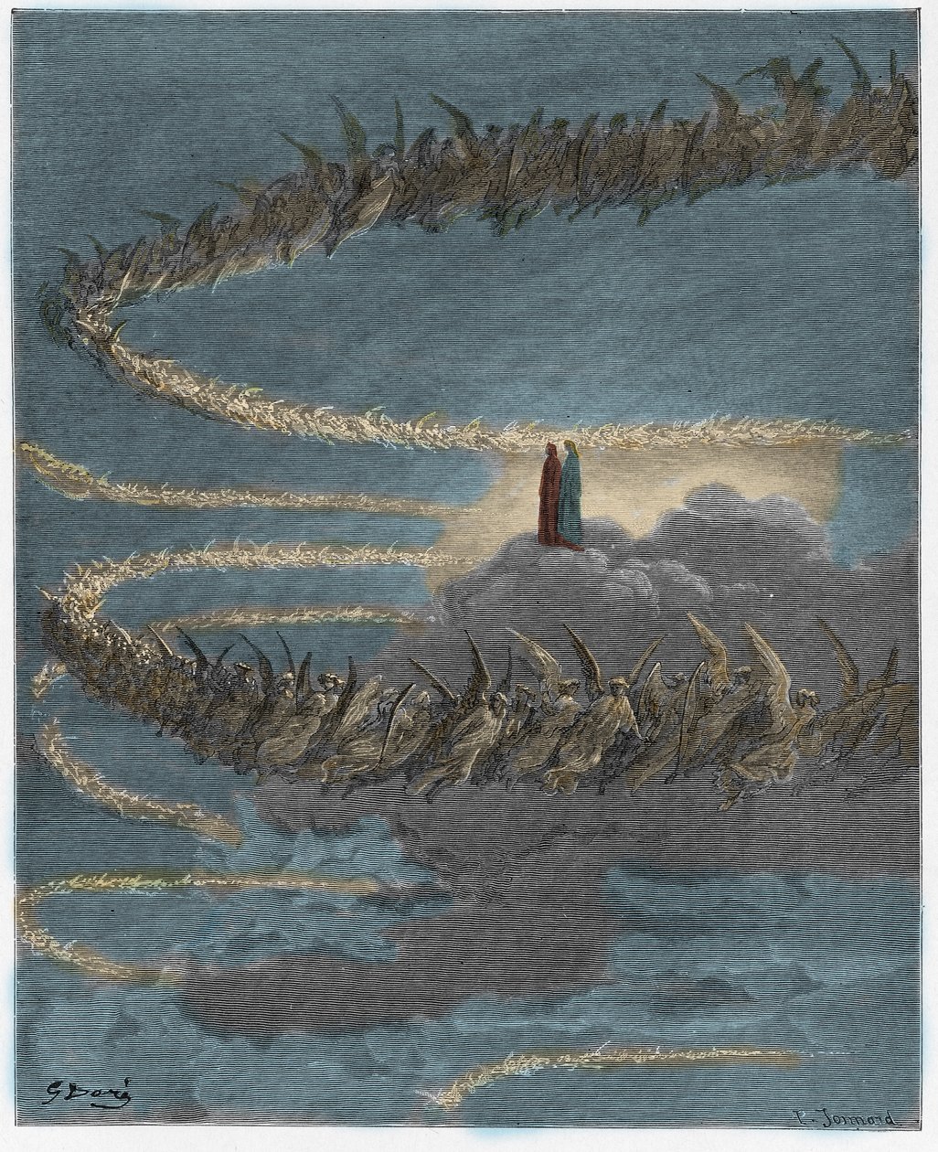Paraíso, Canto 18: En la esfera de Júpiter, las almas benditas forman letras, ilustración de La Divina Comedia de Dante Alighieri, 1885 (grabado coloreado digitalmente) de Gustave after Dore