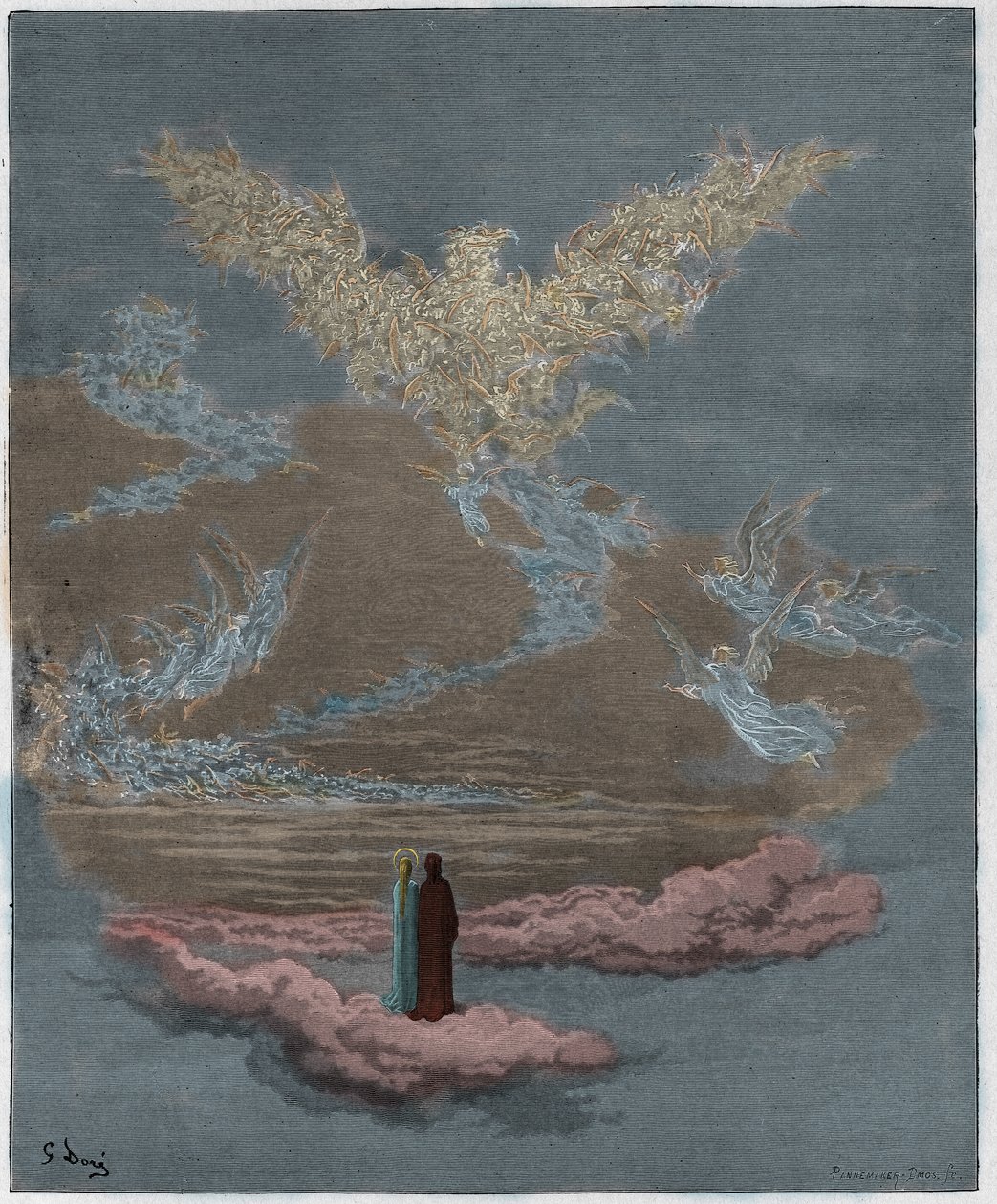 Paraíso, Canto 19: Las almas benditas forman un águila en el cielo, ilustración de La Divina Comedia de Dante Alighieri, 1885 (grabado coloreado digitalmente) de Gustave after Dore