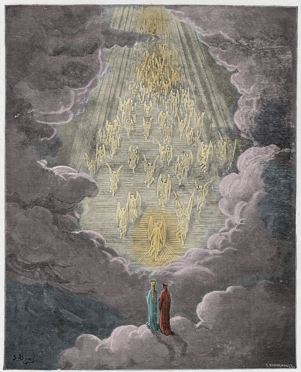 Paraíso, Canto 21: Beatriz y Dante en la esfera de Saturno, ilustración de La Divina Comedia de Dante Alighieri, 1885 (grabado coloreado digitalmente) de Gustave after Dore