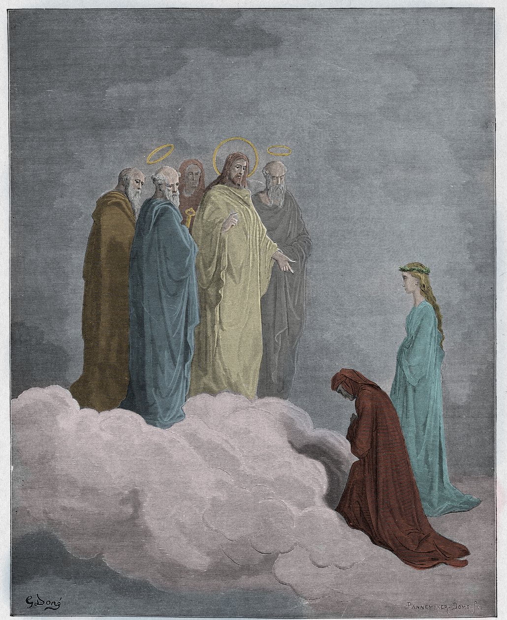 Paraíso, Canto 26: San Juan examina a Dante sobre el amor, ilustración de La Divina Comedia de Dante Alighieri, 1885 (grabado coloreado digitalmente) de Gustave after Dore