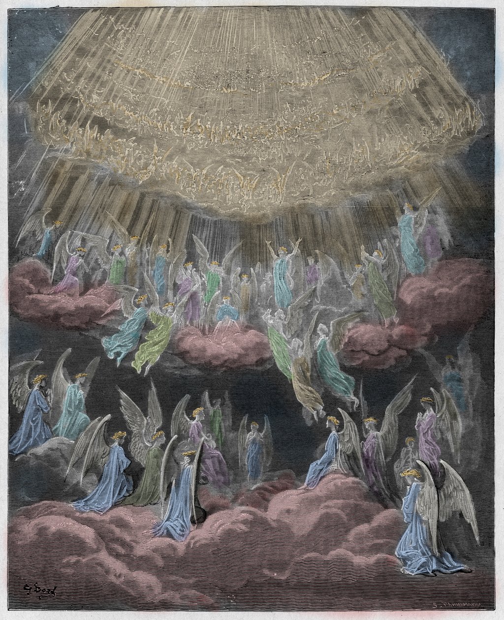 Paraíso, Canto 27: El ejército celestial cantando Gloria In Excelsis Deo, ilustración de La Divina Comedia de Dante Alighieri, 1885 (grabado coloreado digitalmente) de Gustave after Dore