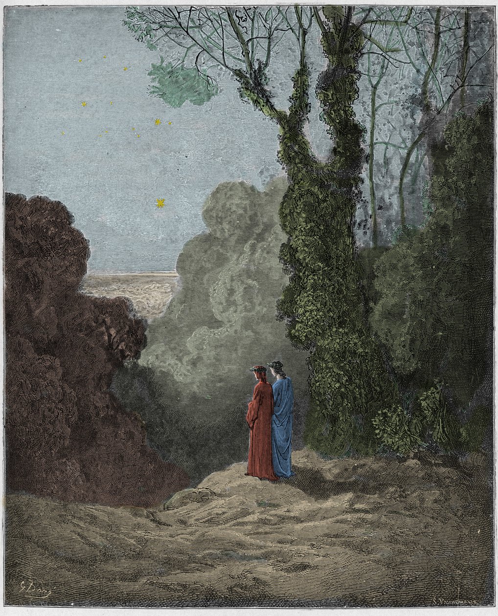 Purgatorio, Canto 1: Los poetas contemplan la belleza de Venus en el cielo matutino, ilustración de La Divina Comedia de Dante Alighieri, 1885 de Gustave after Dore