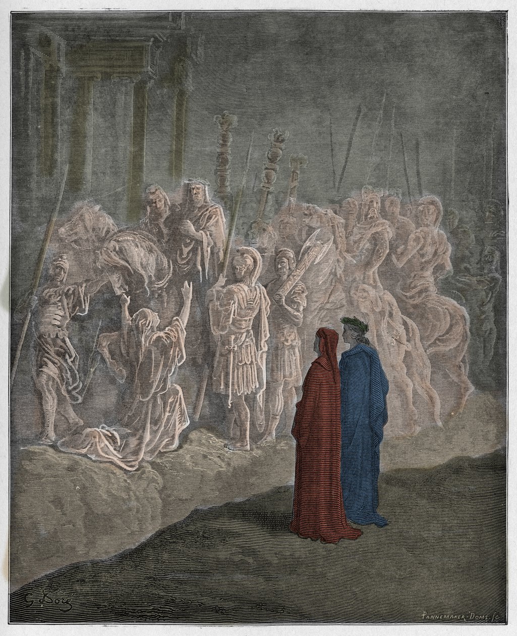 Purgatorio, Canto 10: Las esculturas de mármol que representan el orgullo, ilustración de La Divina Comedia de Dante Alighieri, 1885 (grabado coloreado digitalmente) de Gustave after Dore