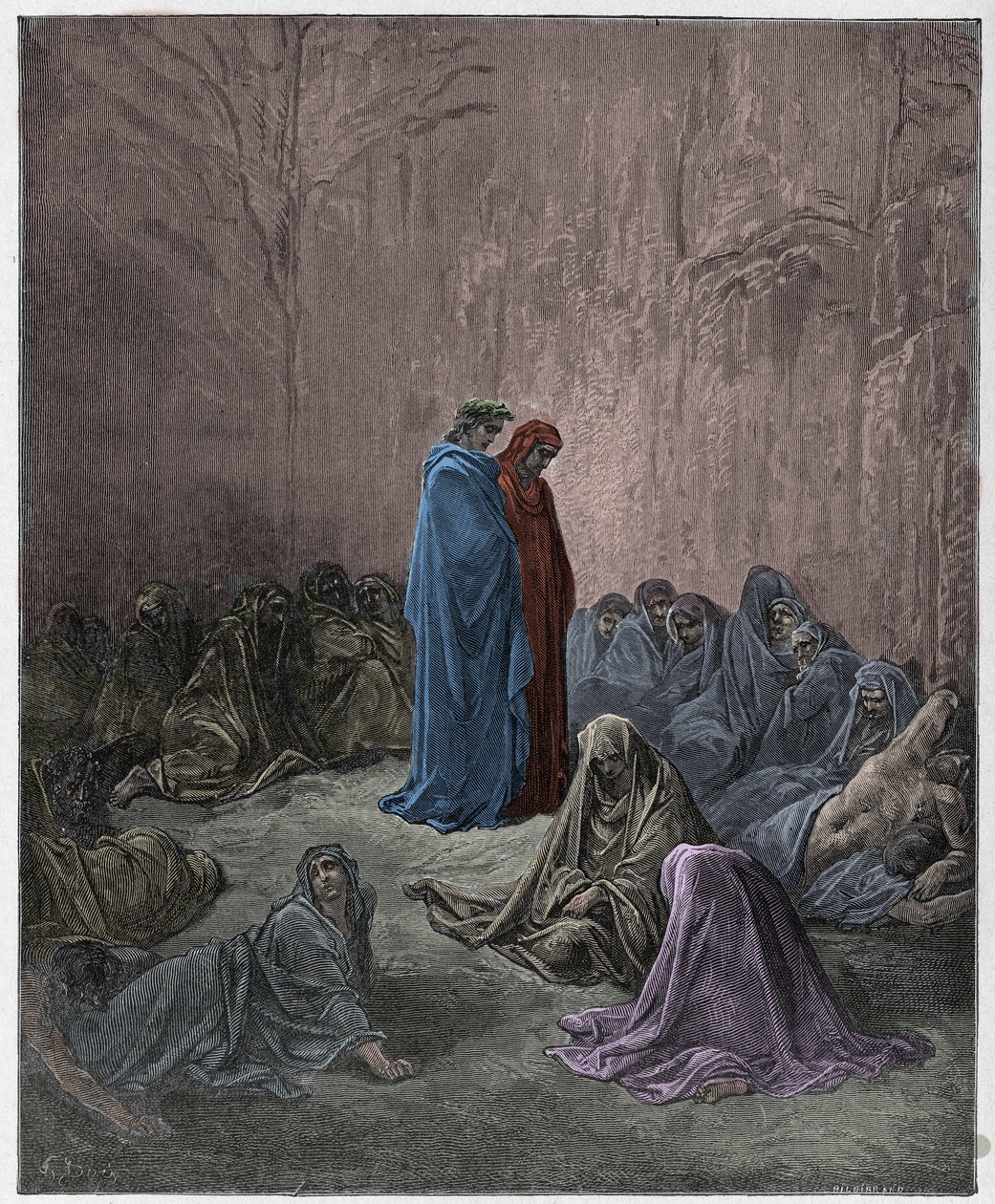 Purgatorio, Canto 13: Las almas de los envidiosos, ilustración de La Divina Comedia de Dante Alighieri, 1885 (grabado coloreado digitalmente) de Gustave after Dore