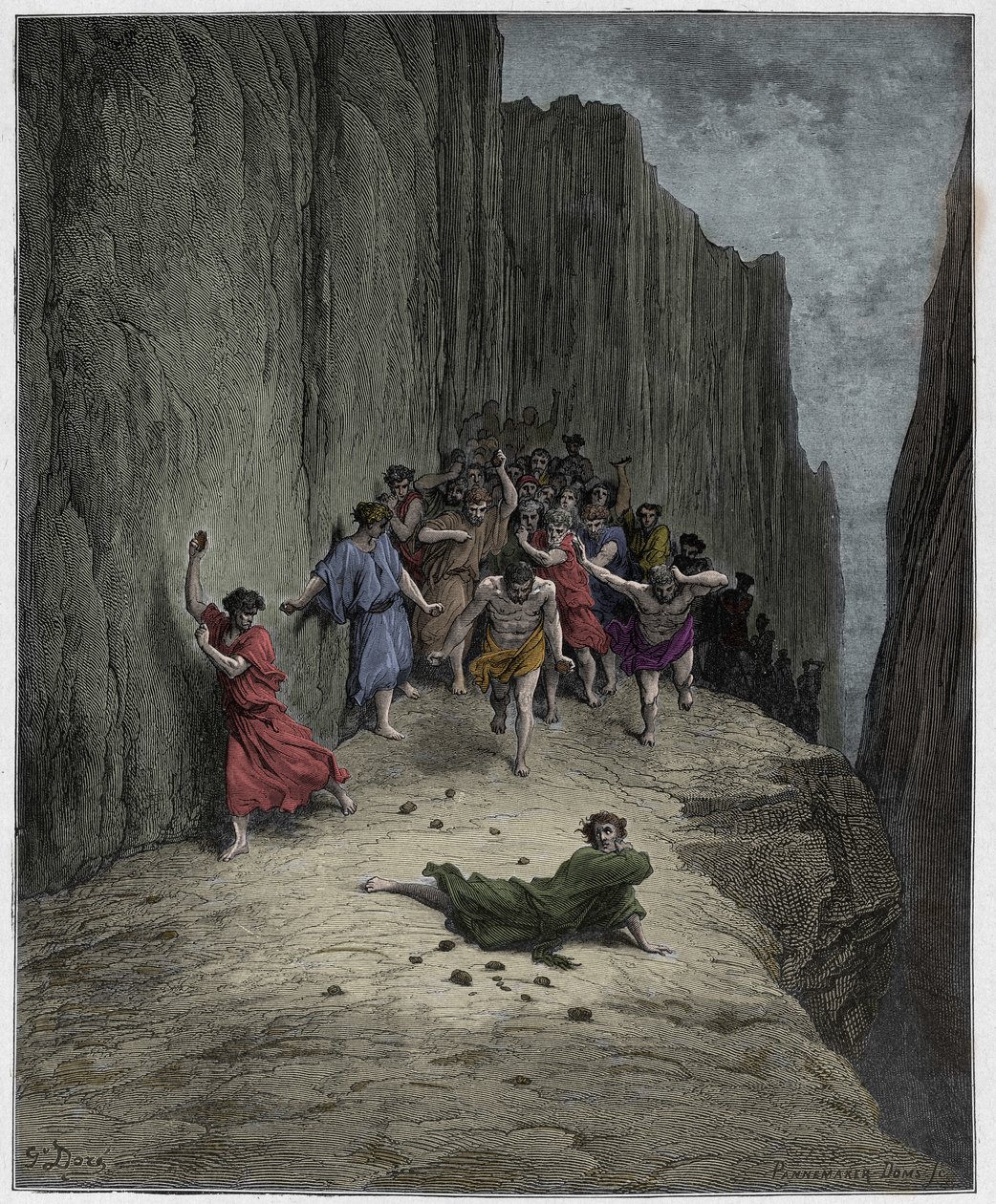 Purgatorio, Canto 15: La visión de Dante sobre la lapidación de Esteban, ilustración de La Divina Comedia de Dante Alighieri, 1885 (grabado coloreado digitalmente) de Gustave after Dore
