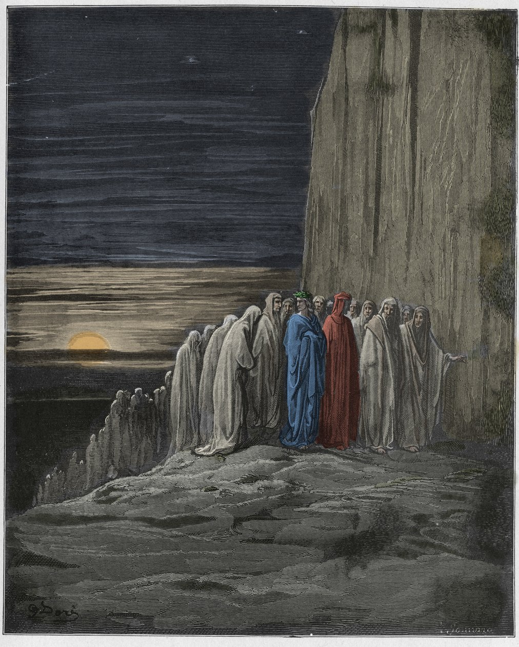 Purgatorio, Canto 18: La multitud de los perezosos, ilustración de La Divina Comedia de Dante Alighieri, 1885 (grabado coloreado digitalmente) de Gustave after Dore