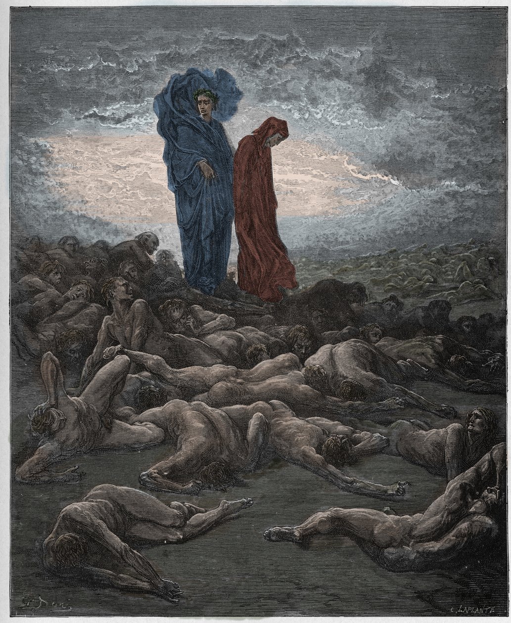Purgatorio, Canto 20: Las almas de los avaros, ilustración de La Divina Comedia de Dante Alighieri, 1885 (grabado coloreado digitalmente) de Gustave after Dore