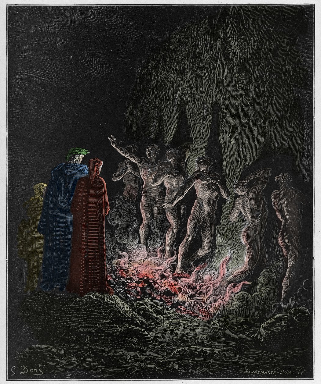 Purgatorio, Canto 25: Los lujuriosos pasan por el fuego en el séptimo círculo, ilustración de La Divina Comedia de Dante Alighieri, 1885 (grabado coloreado digitalmente) de Gustave after Dore