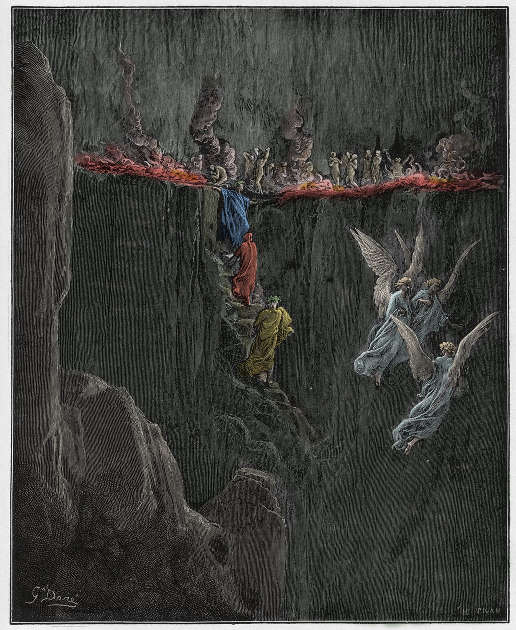 Purgatorio, Canto 25: Virgilio y Dante ascienden al séptimo círculo a través de las llamas, ilustración de La Divina Comedia de Dante Alighieri, 1885 (grabado coloreado digitalmente) de Gustave after Dore