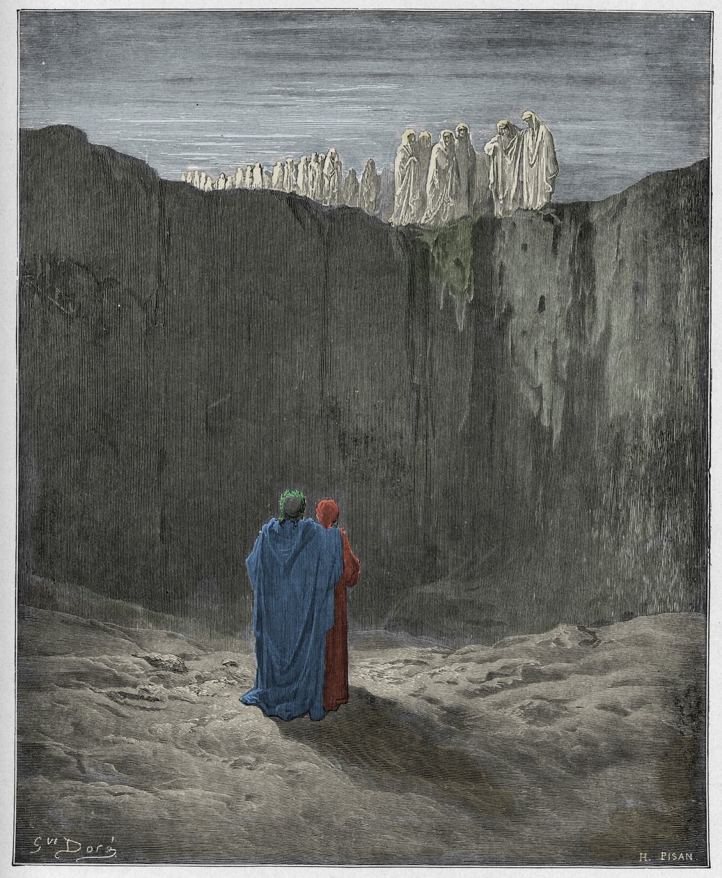 Purgatorio, Canto 3: La compañía de almas en el acantilado, ilustración de La Divina Comedia de Dante Alighieri, 1885 de Gustave after Dore