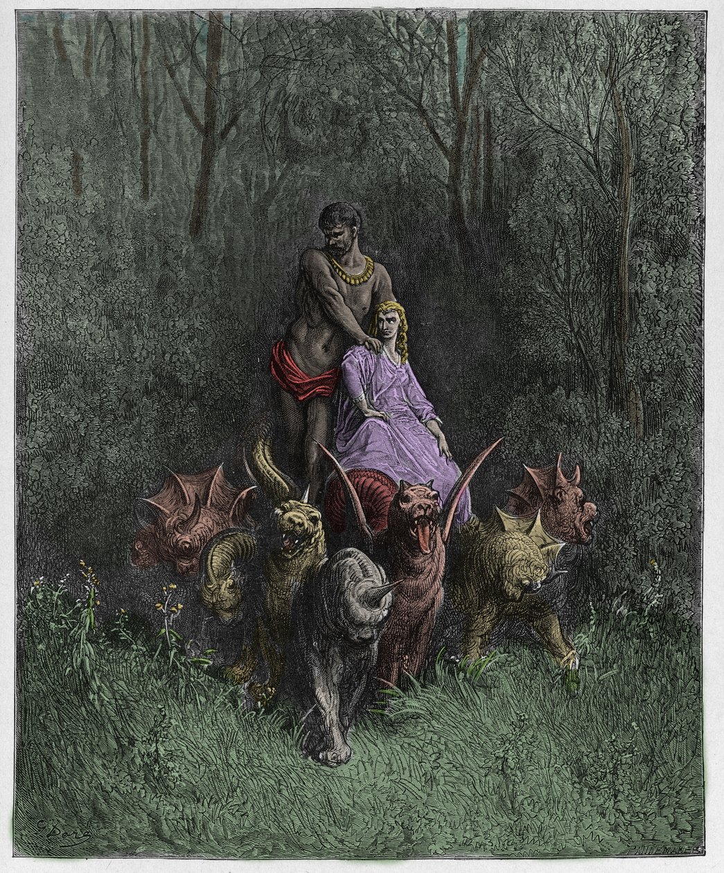 Purgatorio, Canto 32: El gigante y la ramera en el carro, ilustración de La Divina Comedia de Dante Alighieri, 1885 (grabado coloreado digitalmente) de Gustave after Dore
