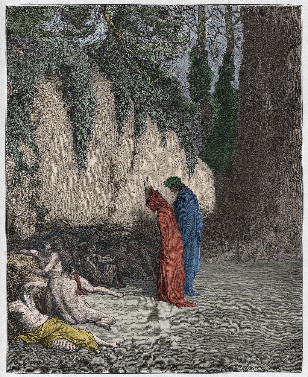 Purgatorio, Canto 4: Las almas indolentes junto a la roca, ilustración de La Divina Comedia de Dante Alighieri, 1885 de Gustave after Dore