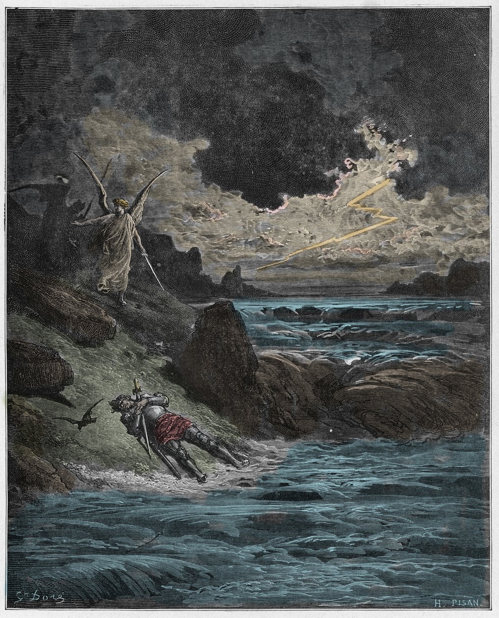Purgatorio, Canto 5: El cuerpo de Buonconte da Montefeltro en el Arno, ilustración de La Divina Comedia de Dante Alighieri, 1885 de Gustave after Dore