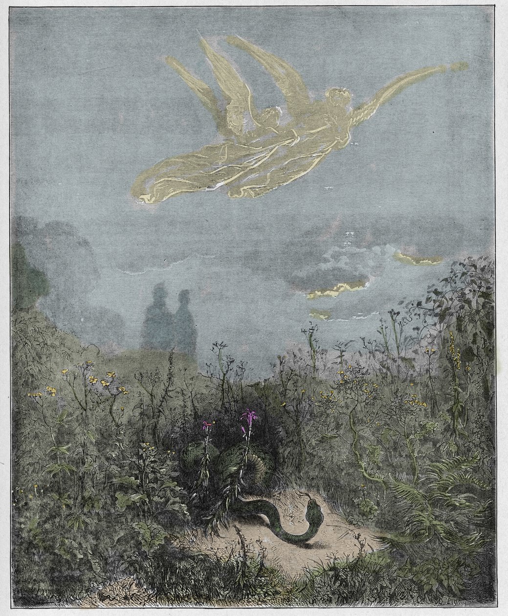 Purgatorio, Canto 8: Los ángeles ahuyentan a la serpiente, ilustración de La Divina Comedia de Dante Alighieri, 1885 de Gustave after Dore