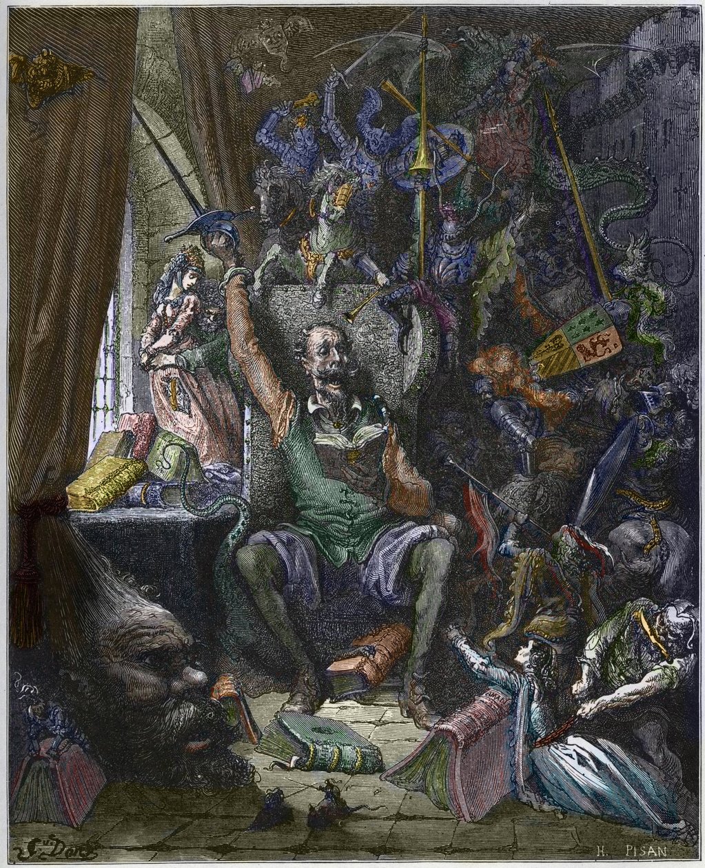Don Quijote en su estudio rodeado por los fantasmas de sus ensoñaciones - “Don Quijote de la Mancha” de Miguel Cervantes (1547-1616) - grabado por Heliodore Joseph Pisan según dibujo de Gustave Doré de Gustave (after) Dore