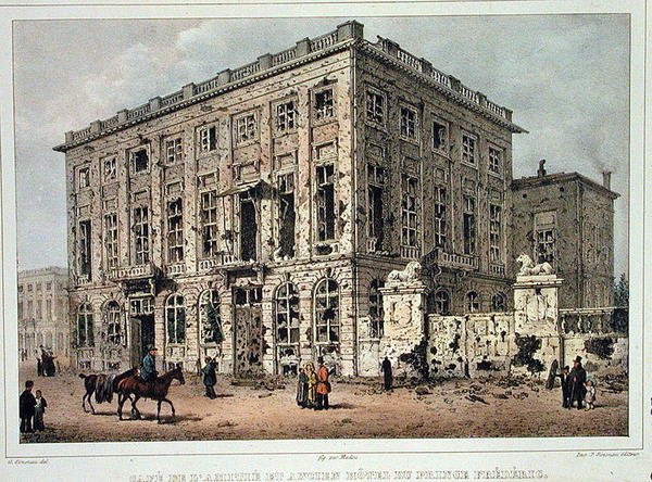 El Café Amitie y el Antiguo Hotel du Prince Frederic, Bruselas, después de los combates del 23-26 de septiembre de 1830, grabado por Jean Baptiste Madou (1796-1877) de Gustave Adolphe (after) Simoneau