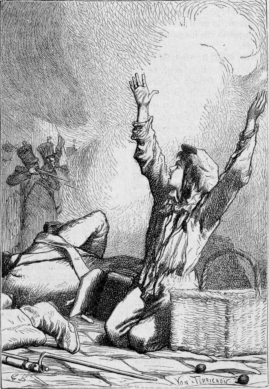 Gavroche cae en las barricadas - en “Los Miserables” de Victor Hugo, ilustrado por Brion, ed. Hetzel y Lacroix de Gustave Brion