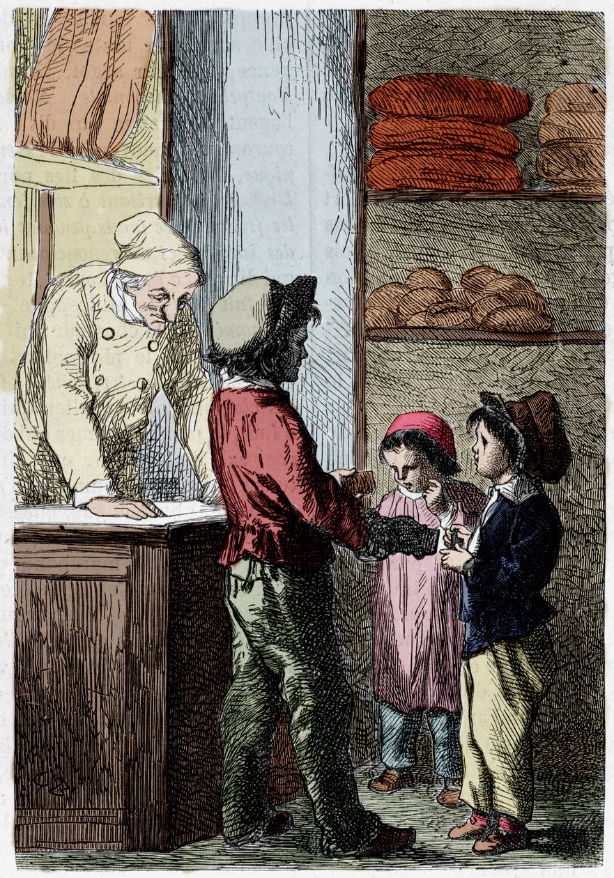 Gavroche da pan a los niños - en “Los Miserables” de Victor Hugo, ilustrado por Brion, ed. Hetzel y Lacroix de Gustave Brion