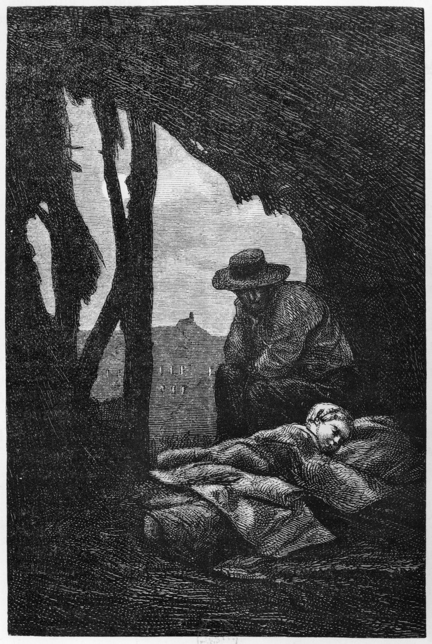 Jean Valjean vigilando a Cosette dormida, ilustración de 