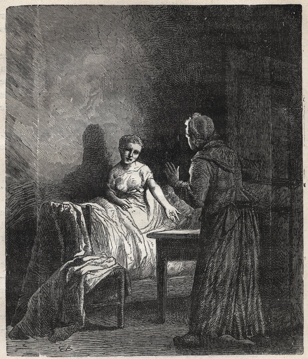 Marguerite entra en la habitación de Fantine y Fantine le muestra dos Napoleones (moneda) que pueden salvar a Cosette, su hija - Ilustración de Gustave Brion (1824-1877) para "Los Miserables - Primera parte: Fantine" de Victor Hugo (1802-1885) 1862 de Gustave Brion
