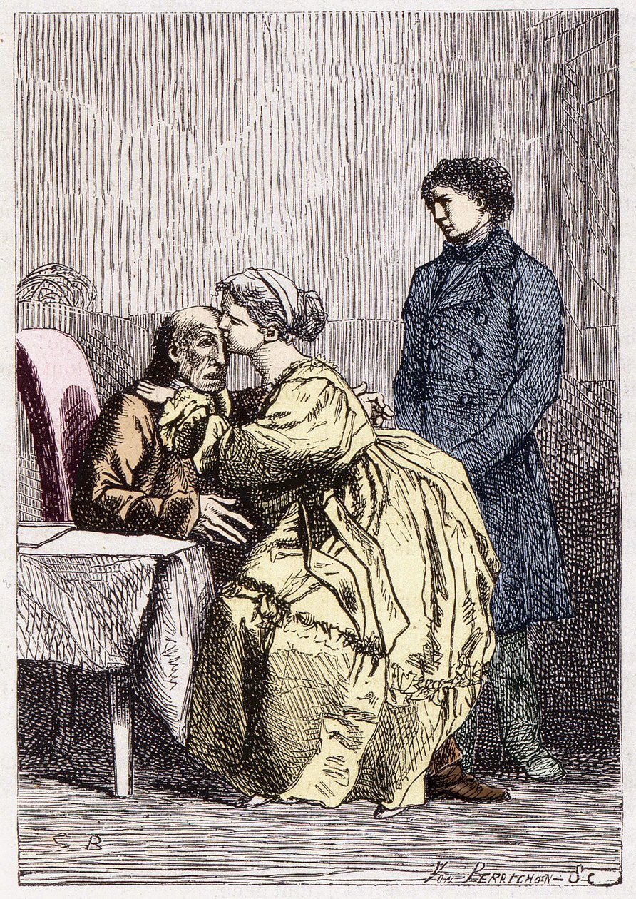 Marius y Cosette visitan a Jean Valjean enfermo - en “Los Miserables” de Victor Hugo, il. por Brion, ed. Hetzel y Lacroix de Gustave Brion