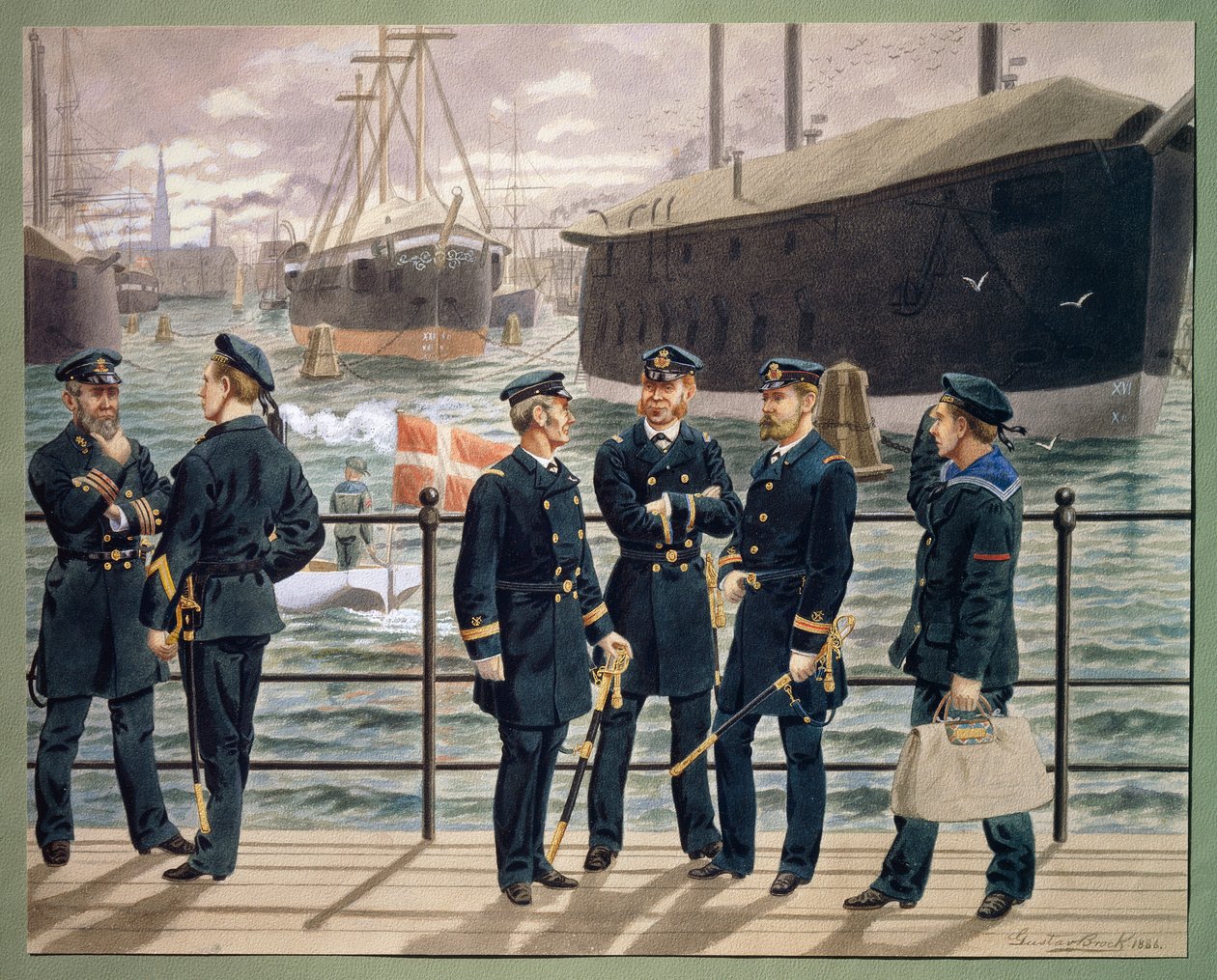Oficiales y tropas de la marina danesa. Acuarela de Gustav Brock de Gustave Brock