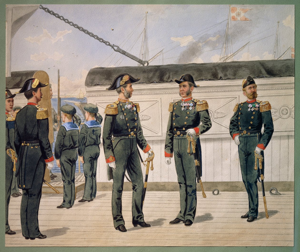 Oficiales de la marina danesa en uniforme de gala. Acuarela de Gustav Brock de Gustave Brock