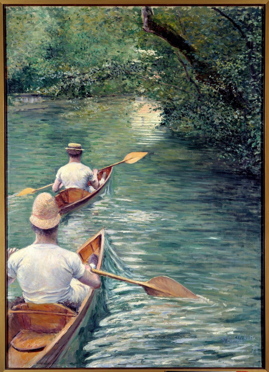 Las perissoires. Pareja caminando en el agua en perissoires, tipo de kayak de Gustave Caillebotte