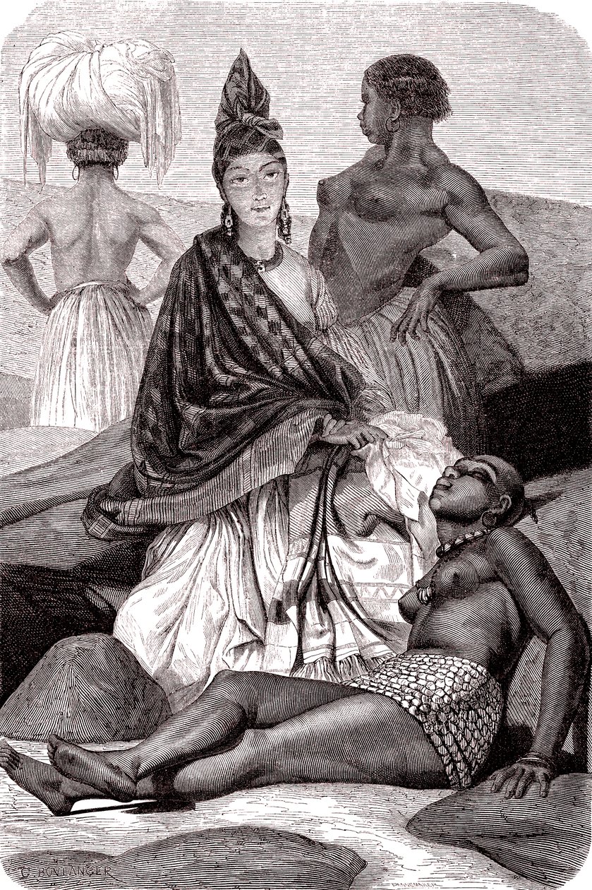Signare , las mujeres mulato-francesas africanas en la Isla de Goree, Senegal. 1861 (grabado) de Gustave Clarence Rodolphe Boulanger