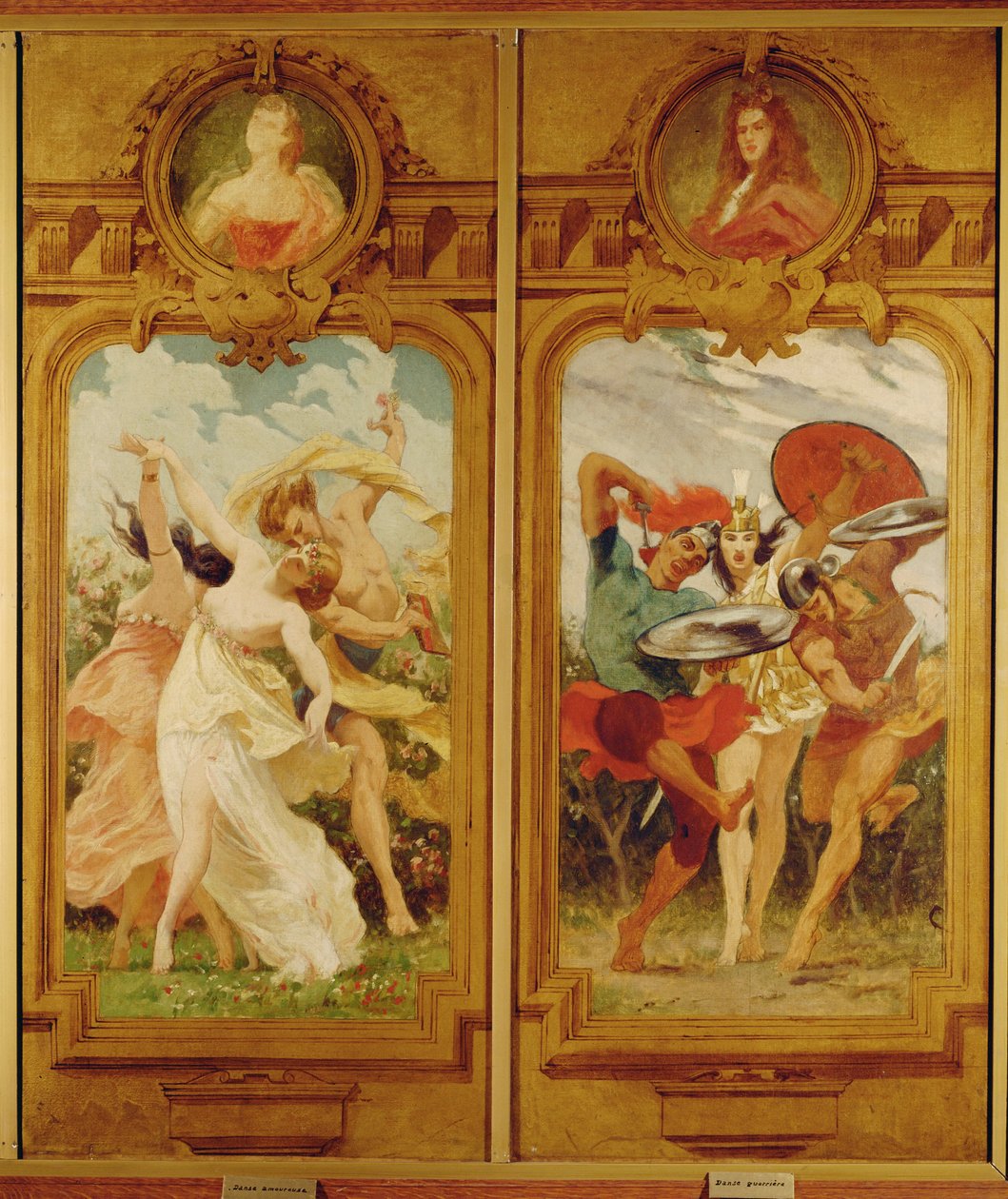 El Foyer de la Danse tiene cuatro murales de Boulanger que muestran una Danse amoureuse, una danza de enamorados, y una Danse guerriere, una danza de guerra ... (pintura mural) de Gustave Clarence Rodolphe Boulanger