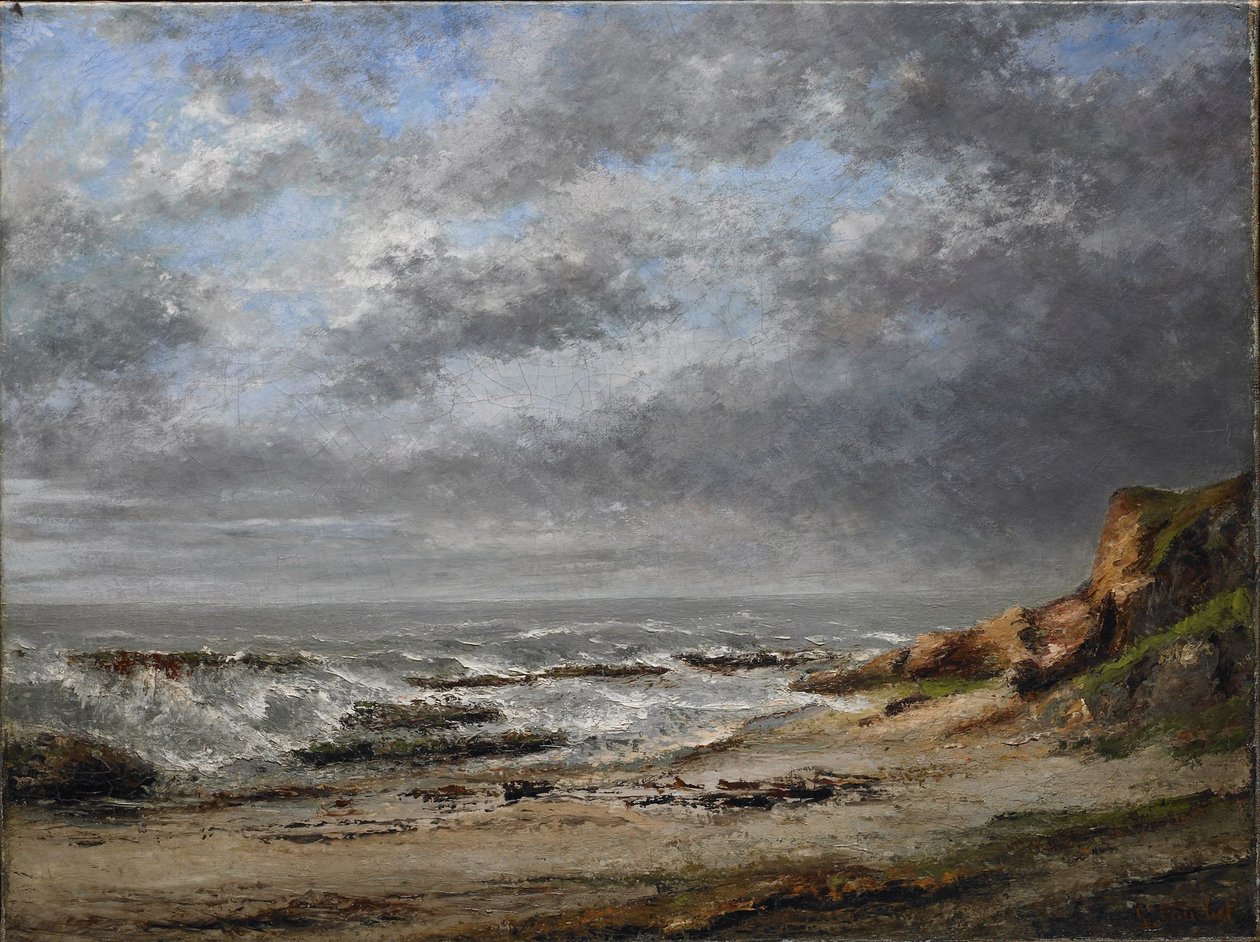 Vista de un mar agitado cerca de un acantilado de Gustave Courbet