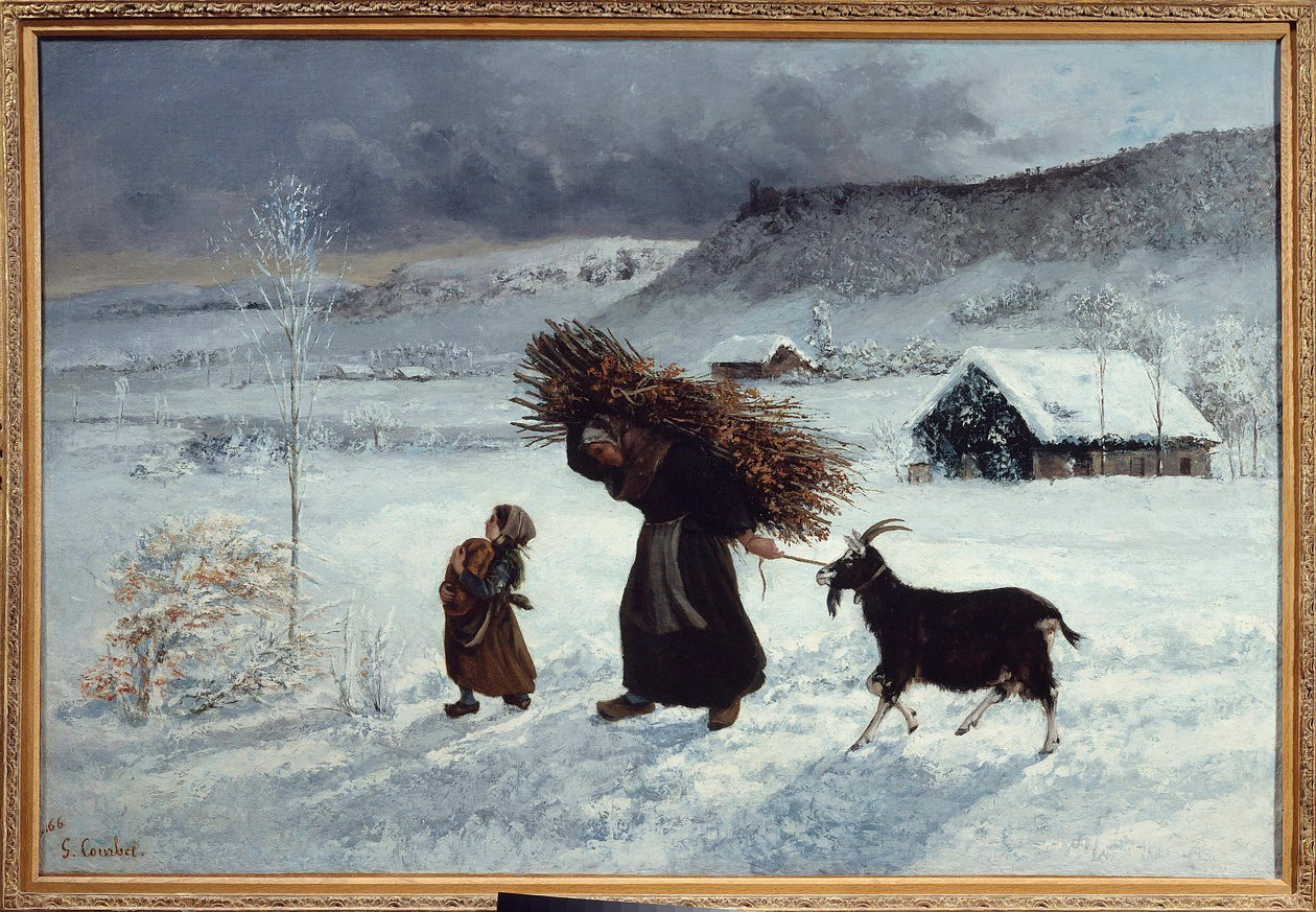 Pobreza en el pueblo, Ornans. Una campesina y su hija traen pan, troncos de madera y una cabra como provisión de invierno de Gustave Courbet