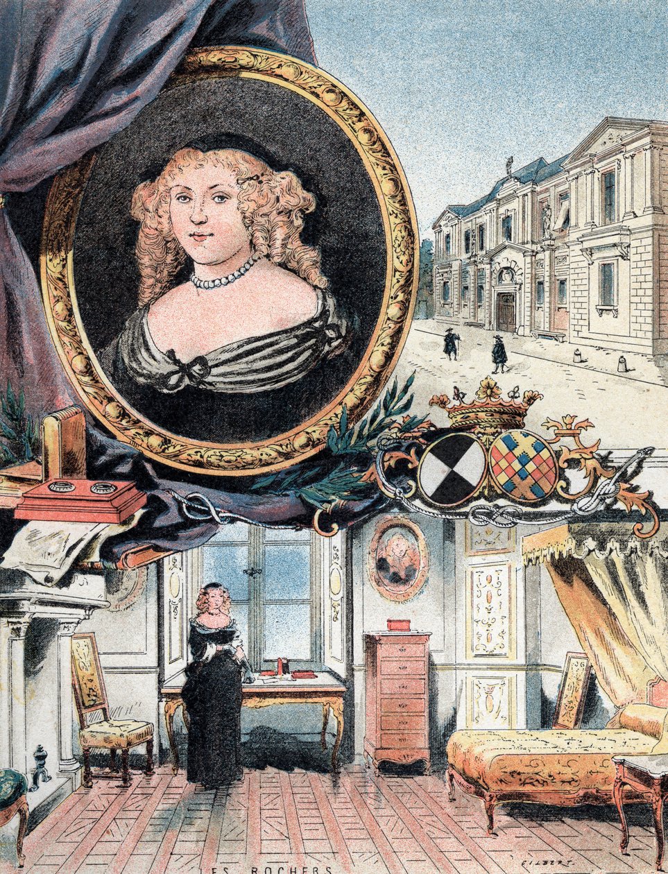 Retrato de la marquesa de Sevigne, junto con el Chateau des Rochers y el Hotel Carnavalet de Gustave Demoulin