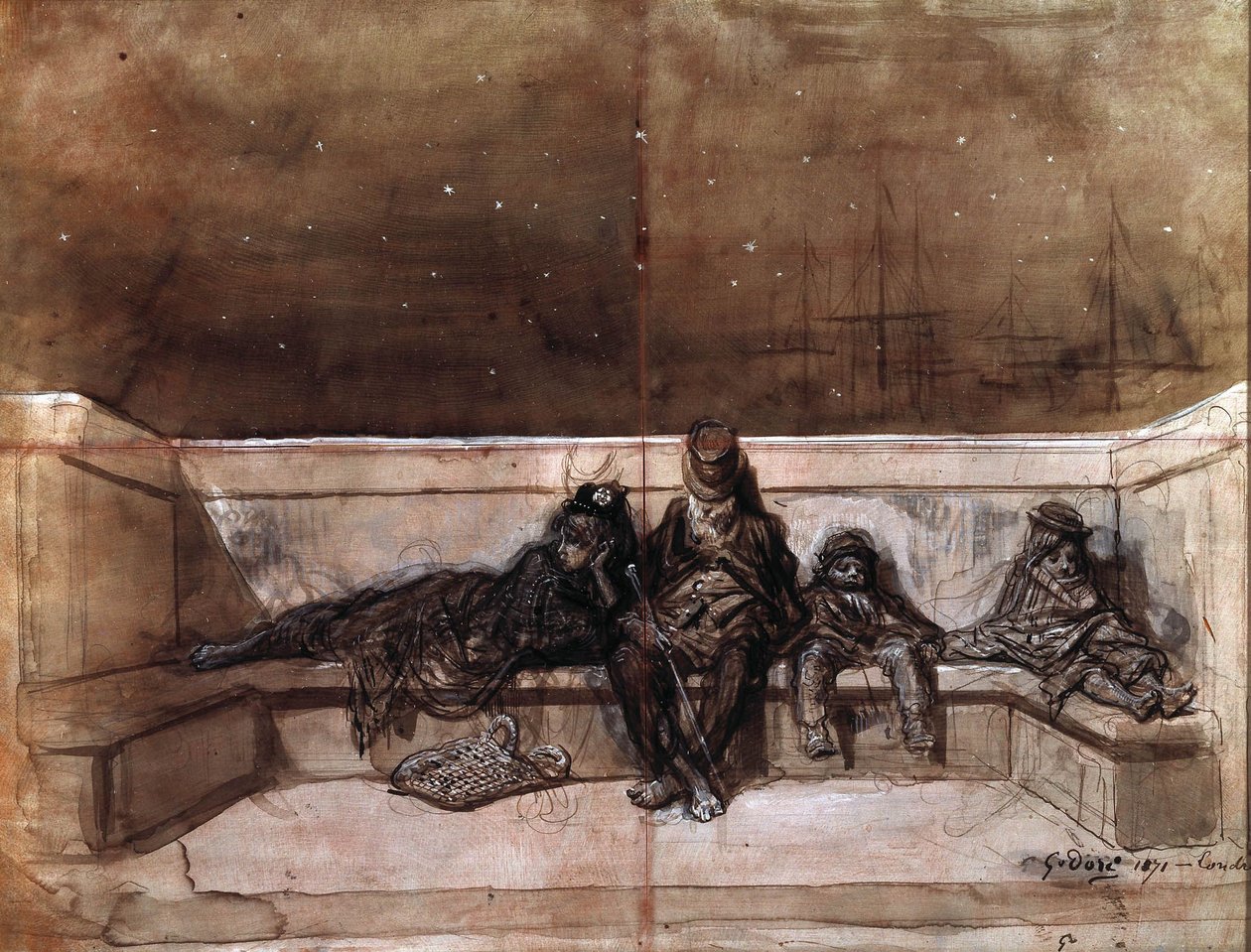 Una pareja y dos niños durmiendo en un puente de Londres) de Gustave Dore de Gustave Dore