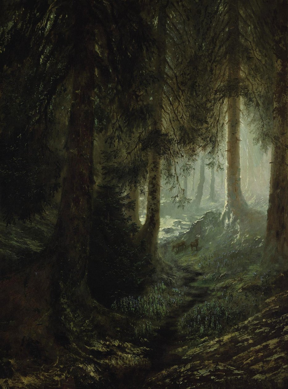Ciervos en un paisaje forestal de Gustave Dore