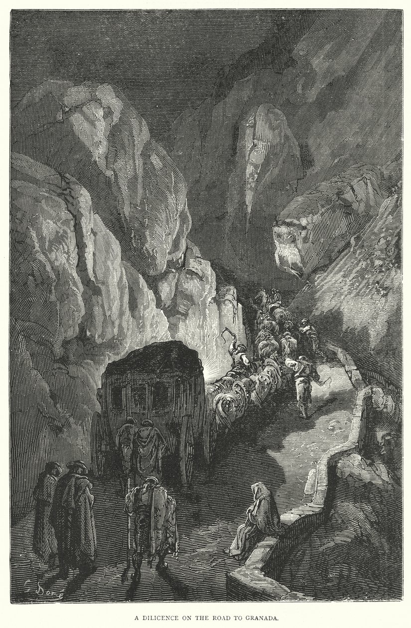 Una diligencia en el camino de Granada (grabado) de Gustave Dore