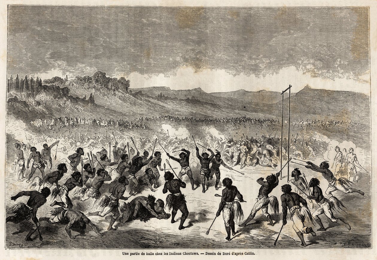 Un juego de pelota entre los indios Choctaw, tribu de la región del Mississippi, dibujado por Gustave Doré (1832-1883), para ilustrar el viaje del Mississippi al Océano Pacífico en 1853-54 por Baudouin Mollhausen (1825-1905). Grabado en “Le tour du monde,  de Gustave Dore