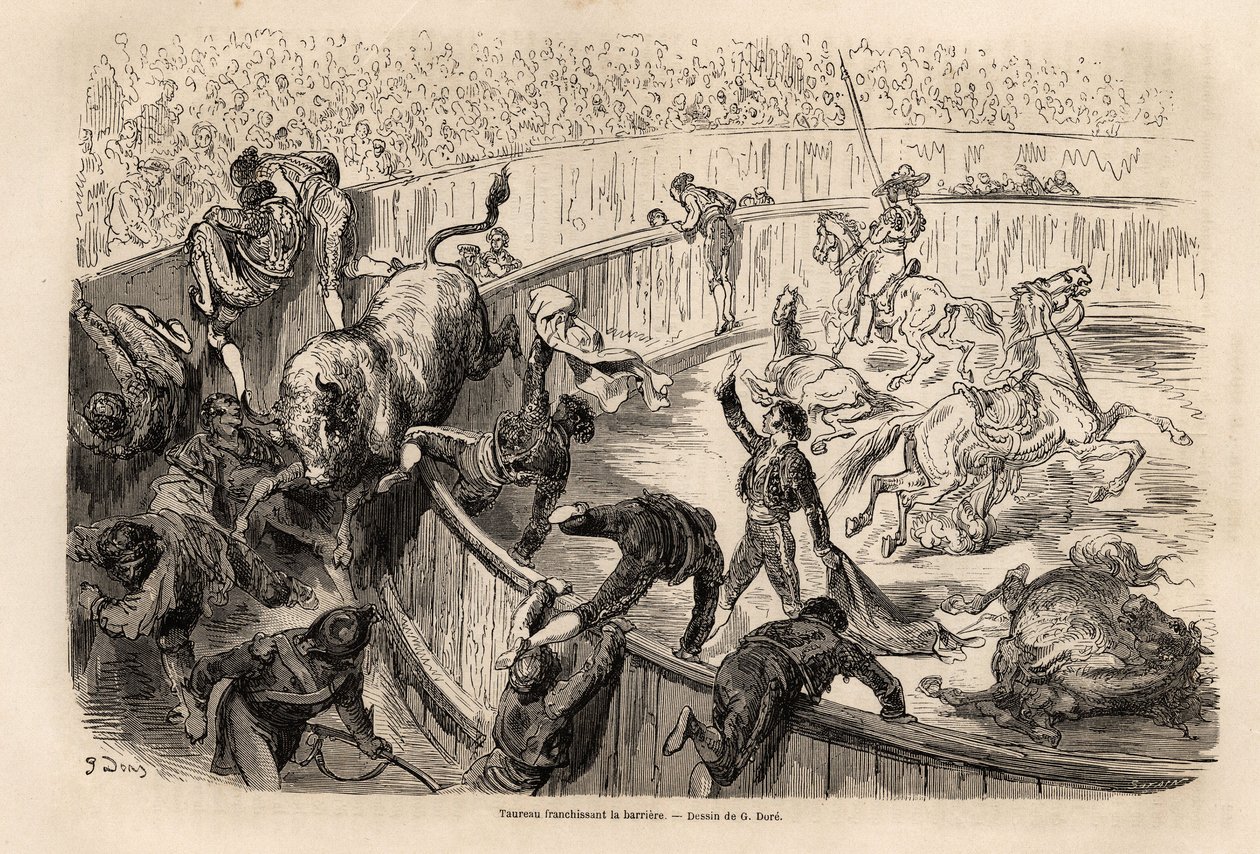 Un toro cruzando la barrera, durante una corrida en Valencia, dibujo de Gustave Doré para ilustrar su viaje a España con C. Davillier en 1862. Grabado en 
