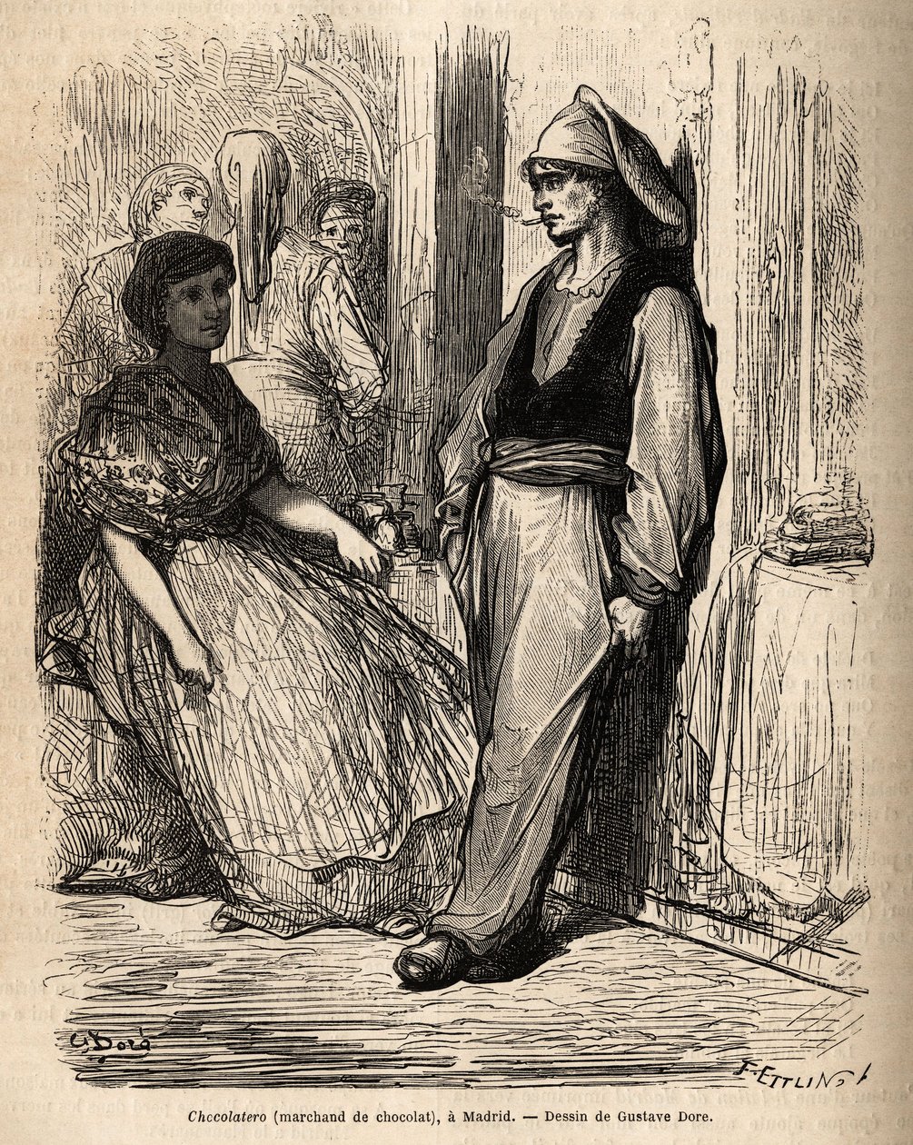 Un vendedor de chocolate al aire libre, boceto tomado en vivo en Madrid. Grabado por Gustave Dore (1832-1883) para ilustrar su viaje a España, con Ch. Davillier (editor), en 1862, publicado en “Le tour du monde” 1869, editado por Edouard Charton, Hachette de Gustave Dore