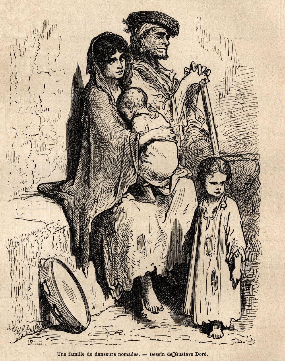 Una familia de bailarines nómadas descansando en las calles de Sevilla. Boceto tomado en vivo por Gustave Doré (1832-1883). Grabado para ilustrar el viaje en España, en 1862 por Charles Davillier y Gustave Doré, en 