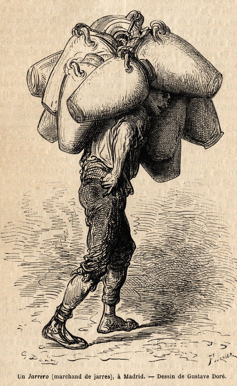 Un comerciante de jarras, boceto tomado en Madrid. Grabado por Gustave Doré (1832-1883) para ilustrar su viaje a España, con Ch. Davillier (editor), en 1862, publicado en Le tour du monde, 1869, editado por Edouard Charton, edición Hachette, París de Gustave Dore