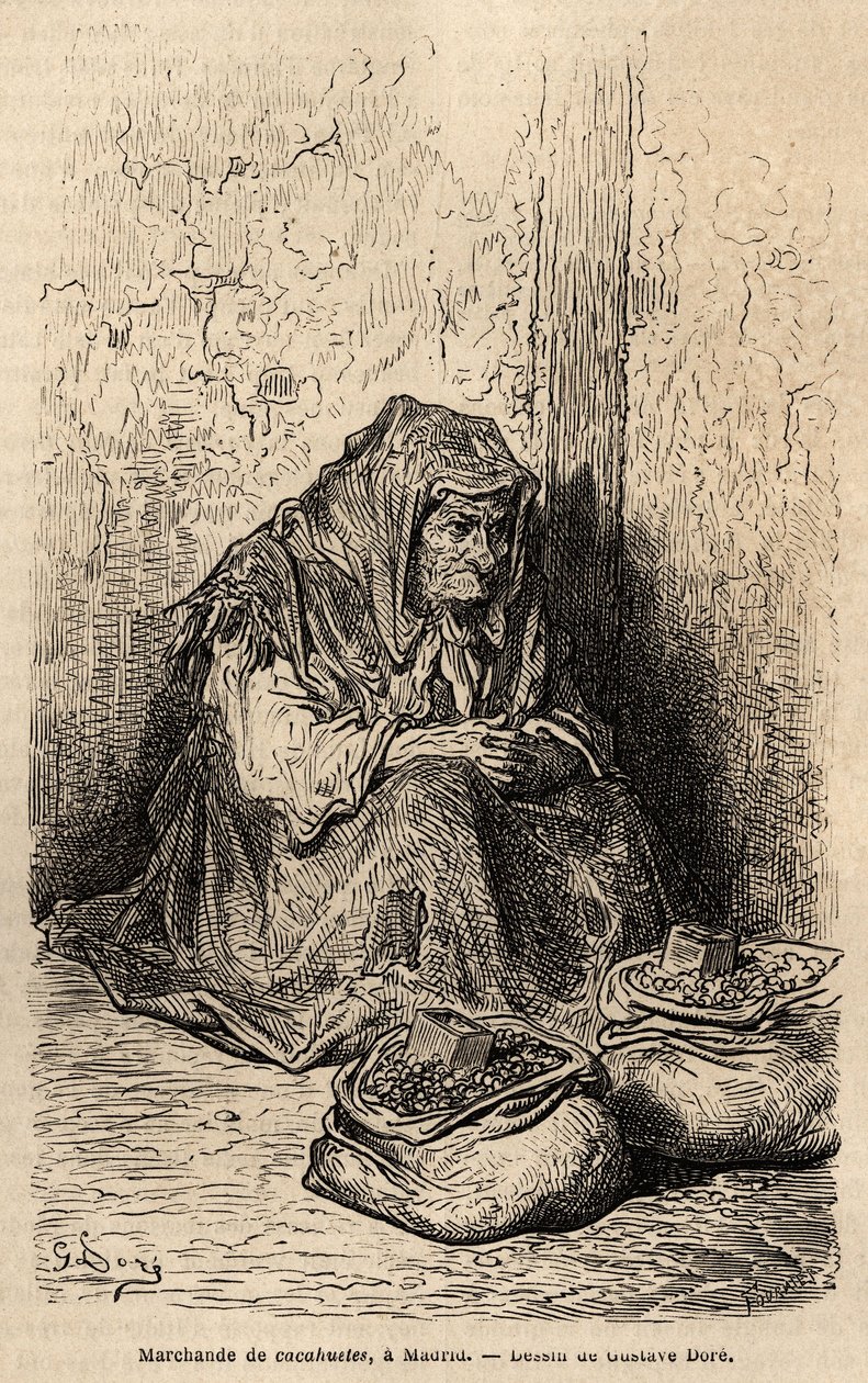 Un vendedor de cacahuetes, boceto en vivo en la puerta del sol, en Madrid. Grabado por Gustave Dore (1832-1883) para ilustrar su viaje a España, con Ch. Davillier (editor), en 1862, publicado en “Le tour du monde” 1869, editado por Edouard Charton, Hachet de Gustave Dore