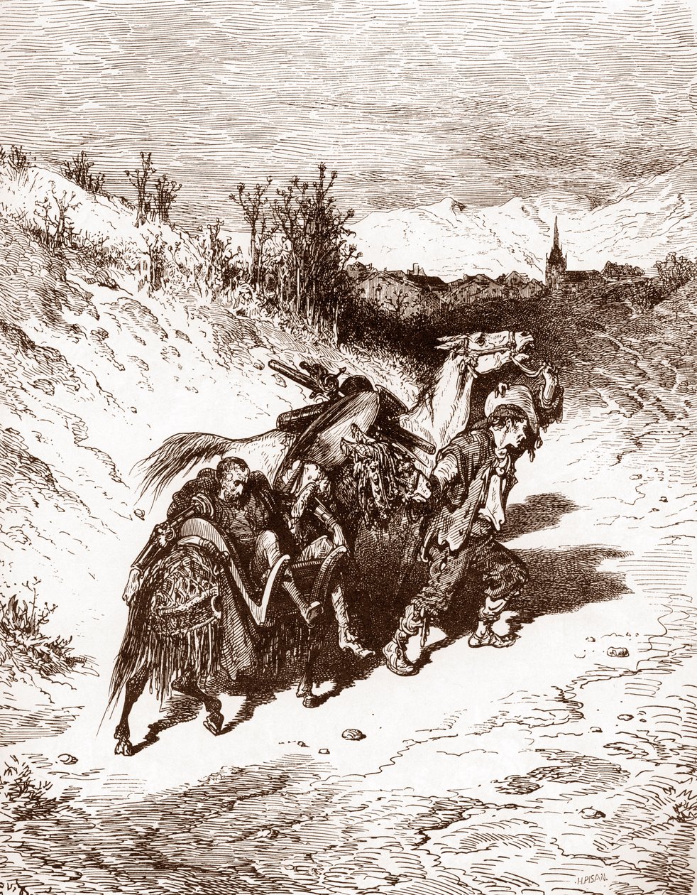 Un labrador de su pueblo lleva el Quijote a casa Grabado de Gustave Dore (1832-1883) para "L
