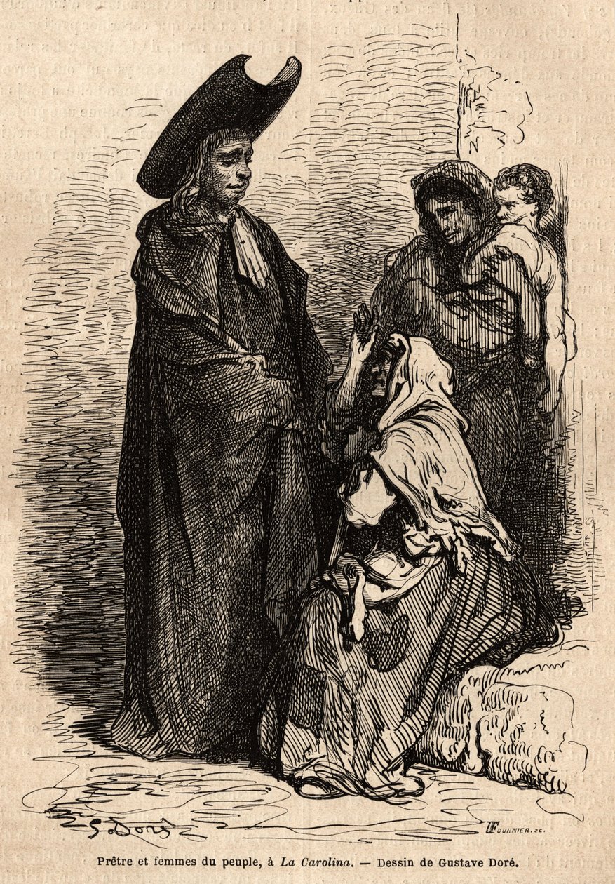Un sacerdote y una mujer del pueblo, vestida con harapos; los mendigos profesionales españoles se establecieron en los patios de las iglesias para explotar hábilmente la caridad cristiana. Boceto tomado en vivo por Gustave Doré. Grabado para ilustrar el vi de Gustave Dore