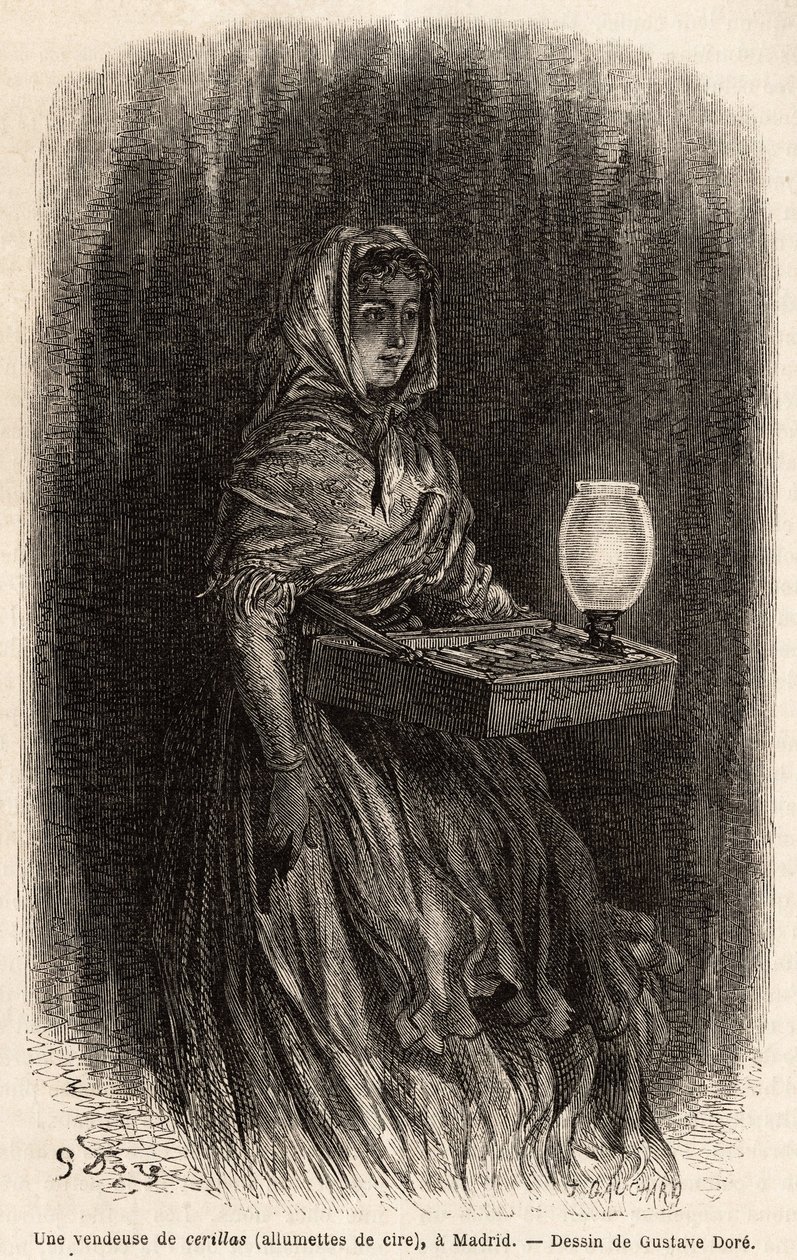 Una vendedora de cerillas de cera, boceto en vivo en la puerta del sol, en Madrid. Grabado por Gustave Dore (1832-1883) para ilustrar su viaje a España, con Ch. Davillier (editor), en 1862, publicado en “Le tour du monde” 1869, editado por Edouard Charton de Gustave Dore