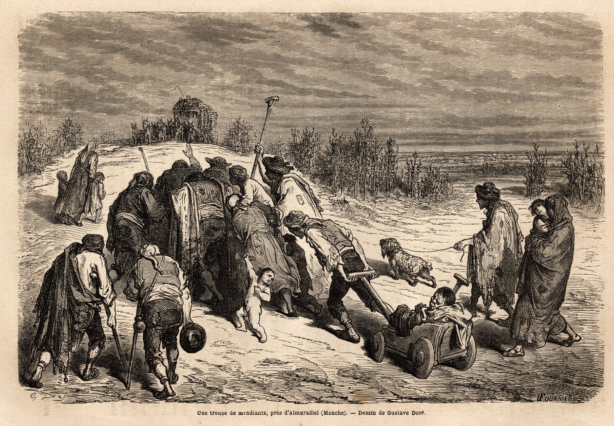 Una tropa de mendigos e inválidos, una verdadera corte de los milagros, se dirige a una diligencia para pedir limosna en las cercanías de Almuradiel (provincia de la Mancha). Dibujo de Gustave Dore (1832-1883). Grabado para ilustrar el viaje a España, en 1 de Gustave Dore