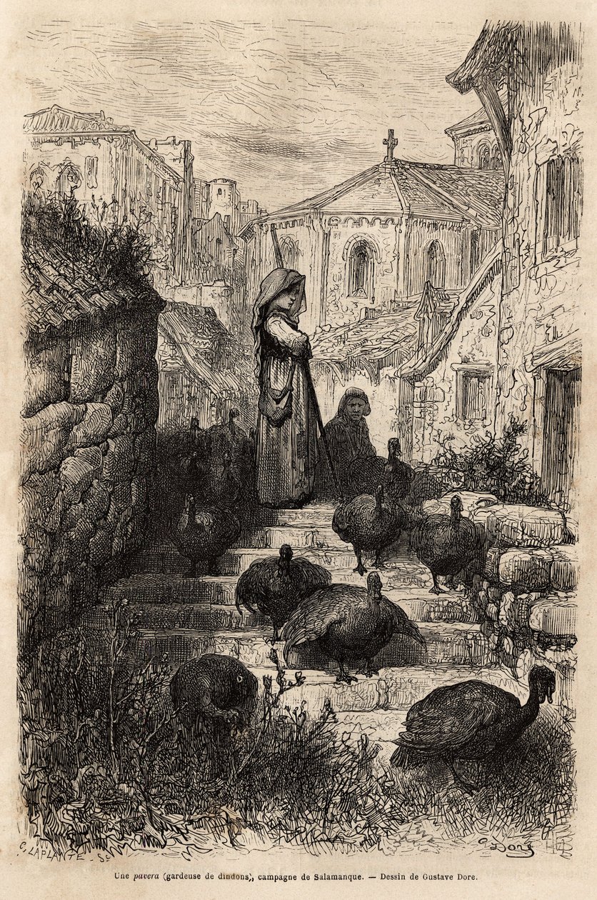 Un cuidador de pavos, en las calles de un pueblo en el campo de Salamanca. Dibujo de Gustave Dore (1832-1883). Grabado para ilustrar el viaje en España, por Charles Davillier, en 1862, publicado en “Le tour du monde” 1872, editado por Edouard Charton. de Gustave Dore